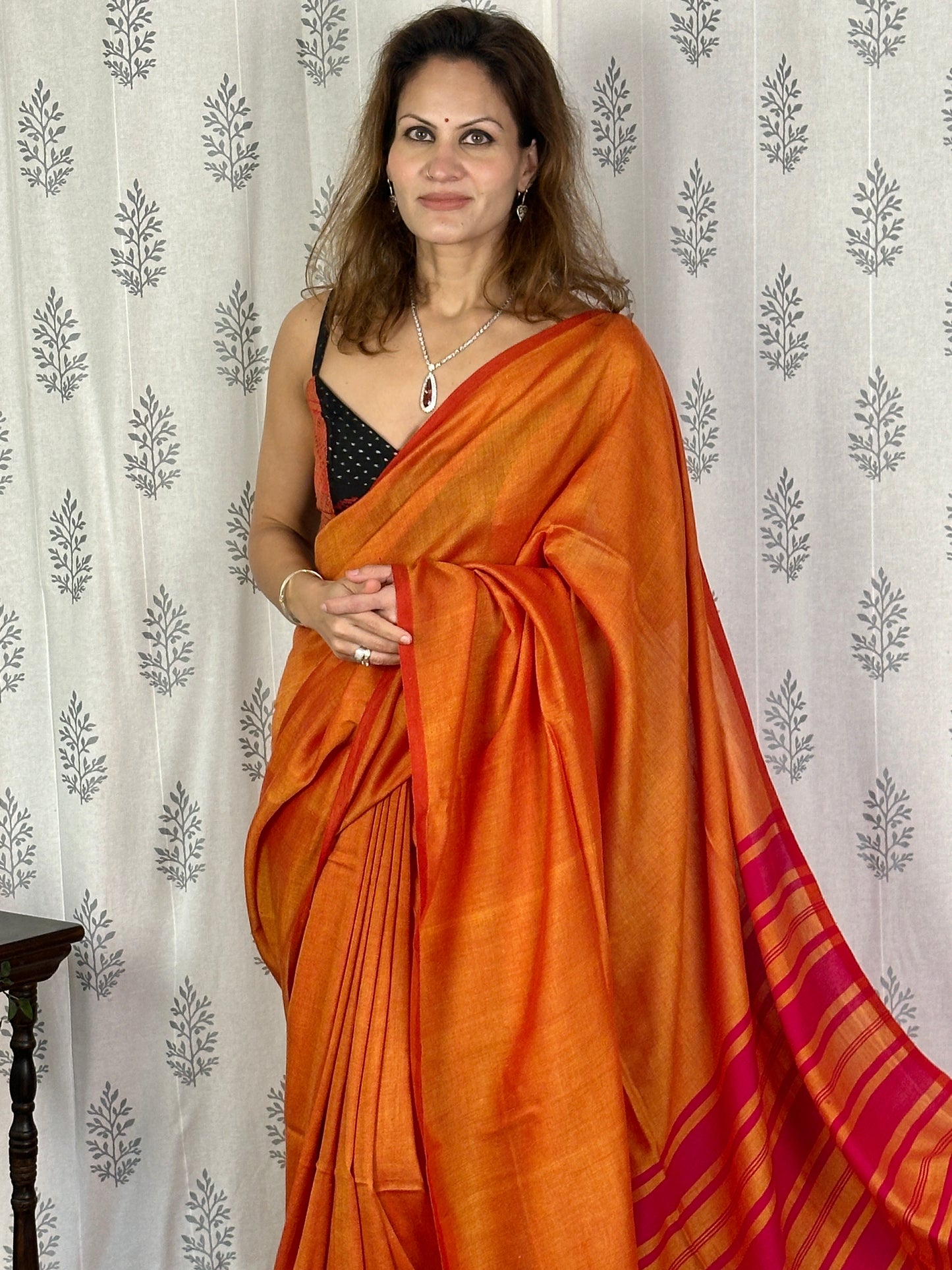 Orange Cotton and Wool Blend Sari