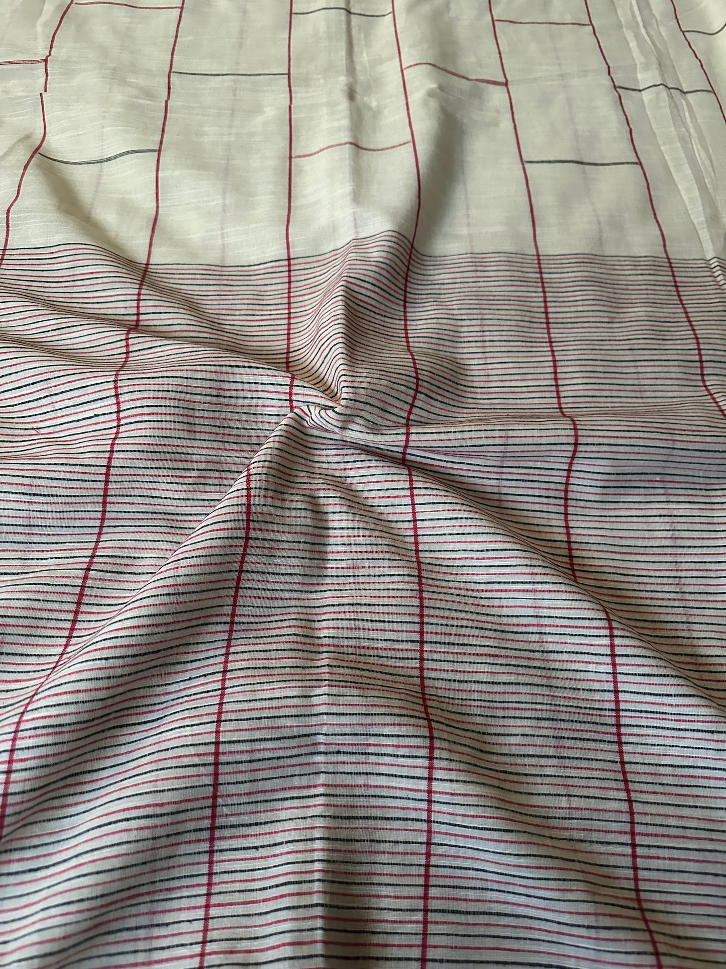 Cream Handloom Soft Pure Khaadi Sari with Checks and Lines