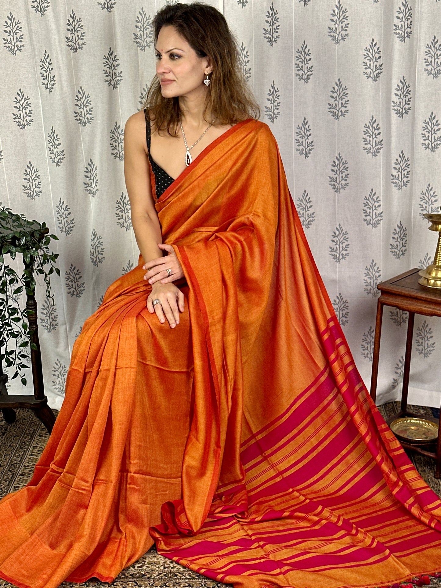 Orange Cotton and Wool Blend Sari