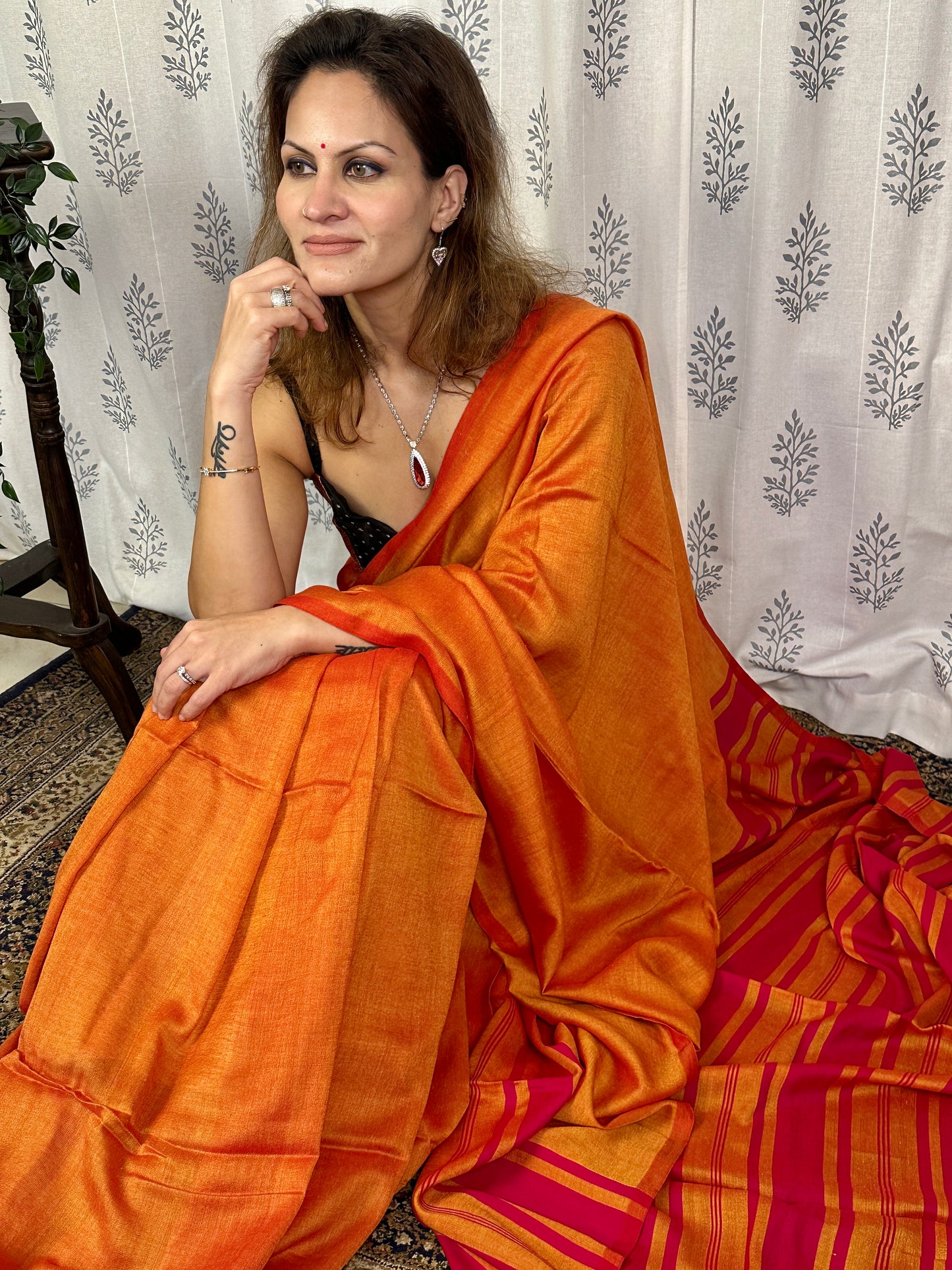 Orange Cotton and Wool Blend Sari