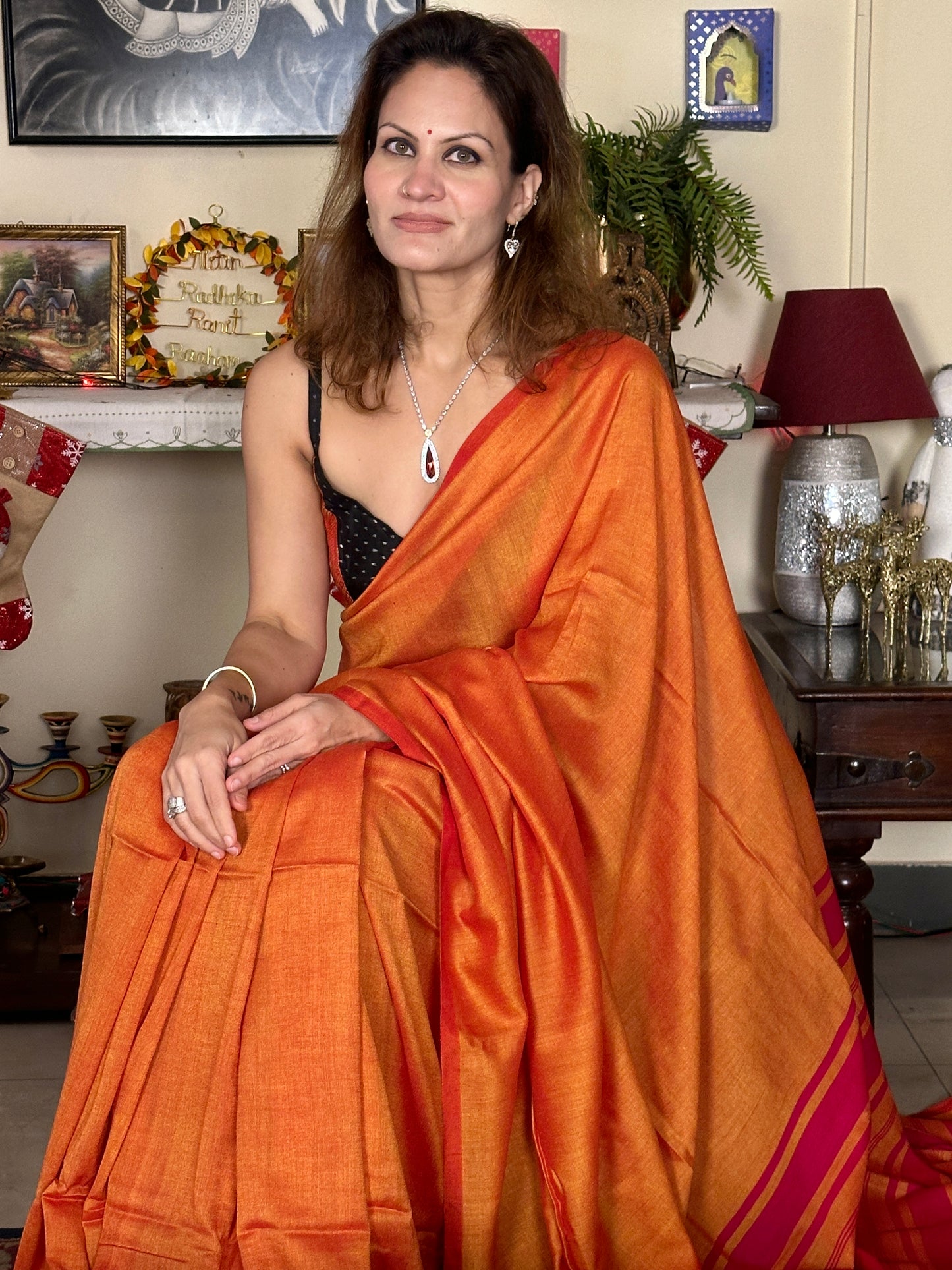 Orange Cotton and Wool Blend Sari