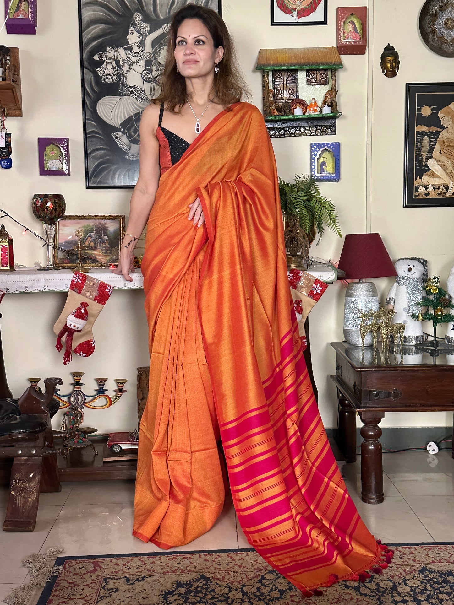 Orange Cotton and Wool Blend Sari