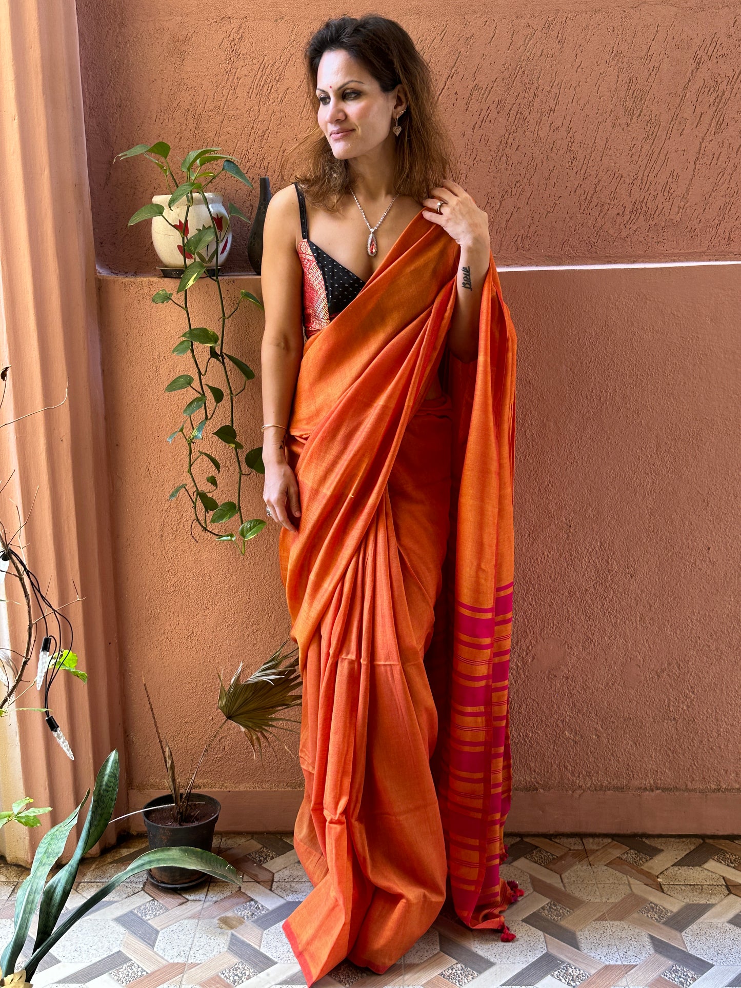 Orange Cotton and Wool Blend Sari