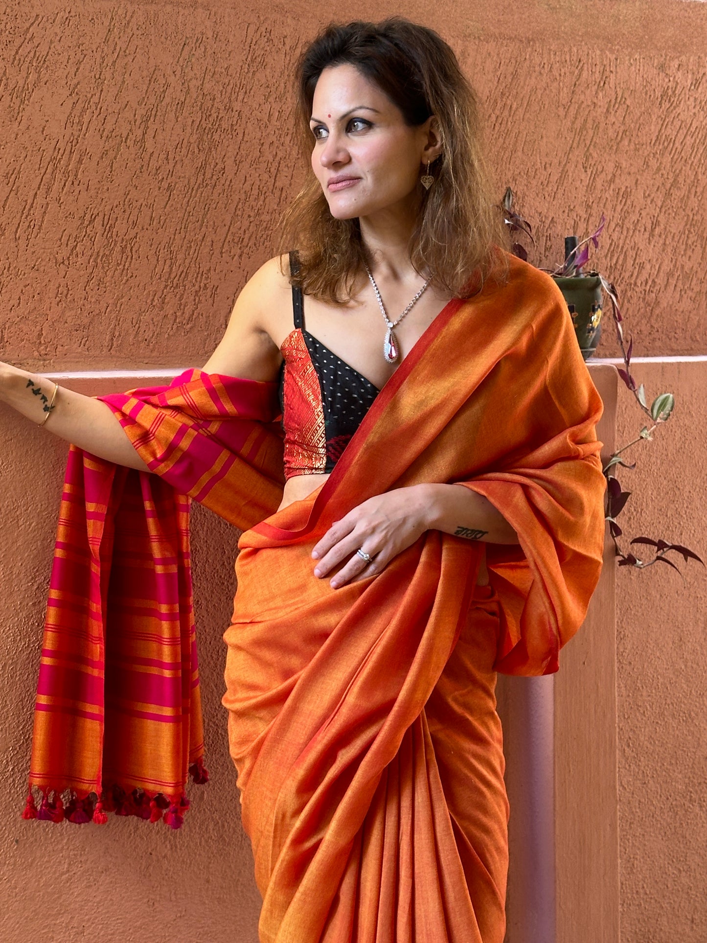 Orange Cotton and Wool Blend Sari