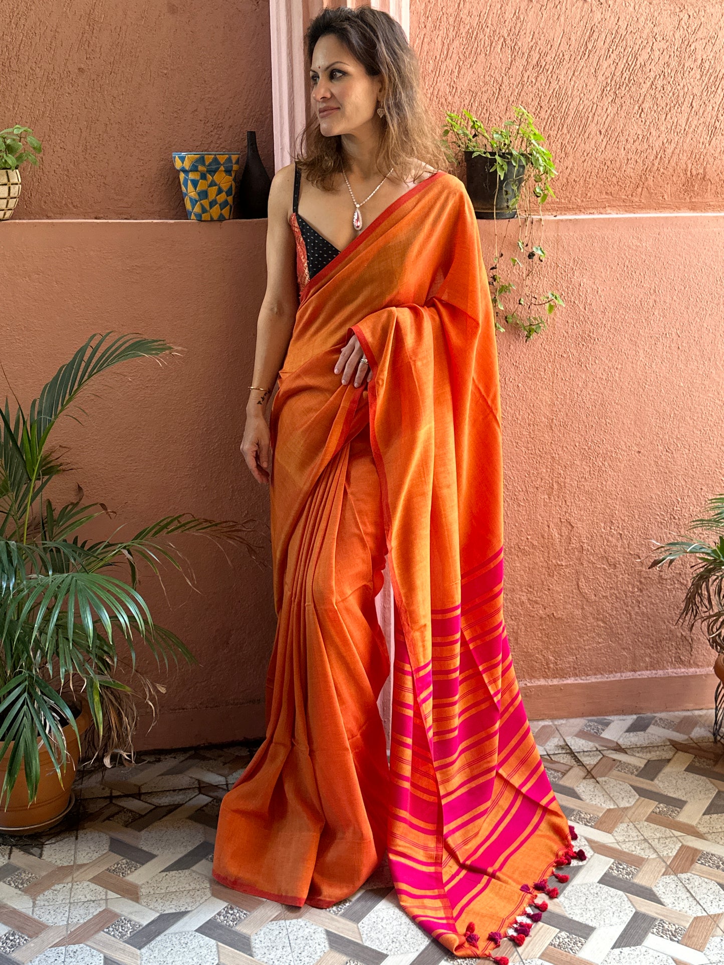 Orange Cotton and Wool Blend Sari