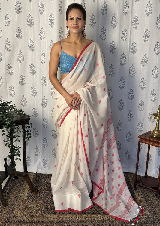 Cream Pure Hand Spun Fine Cotton Jamdani Saree with Intricate Needlework