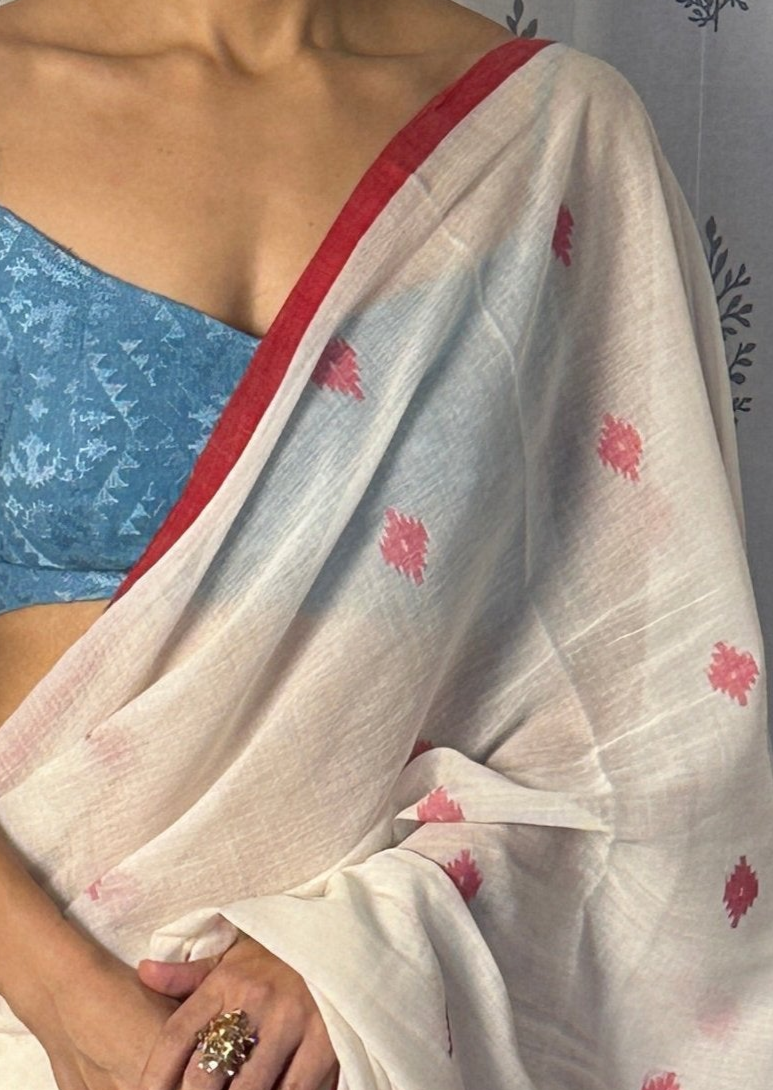 Cream Pure Hand Spun Fine Cotton Jamdani Saree with Intricate Needlework