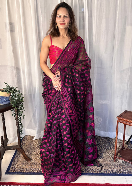 Black & Pink Pure Muslin Silk Handloom Jamdani Sari