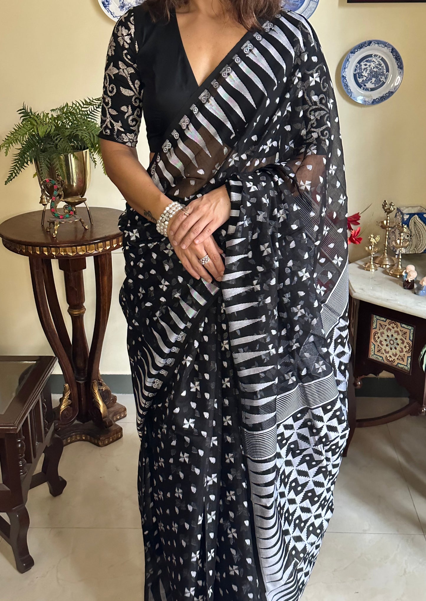 Black Cotton Silk Jamdani Sari - Raahini