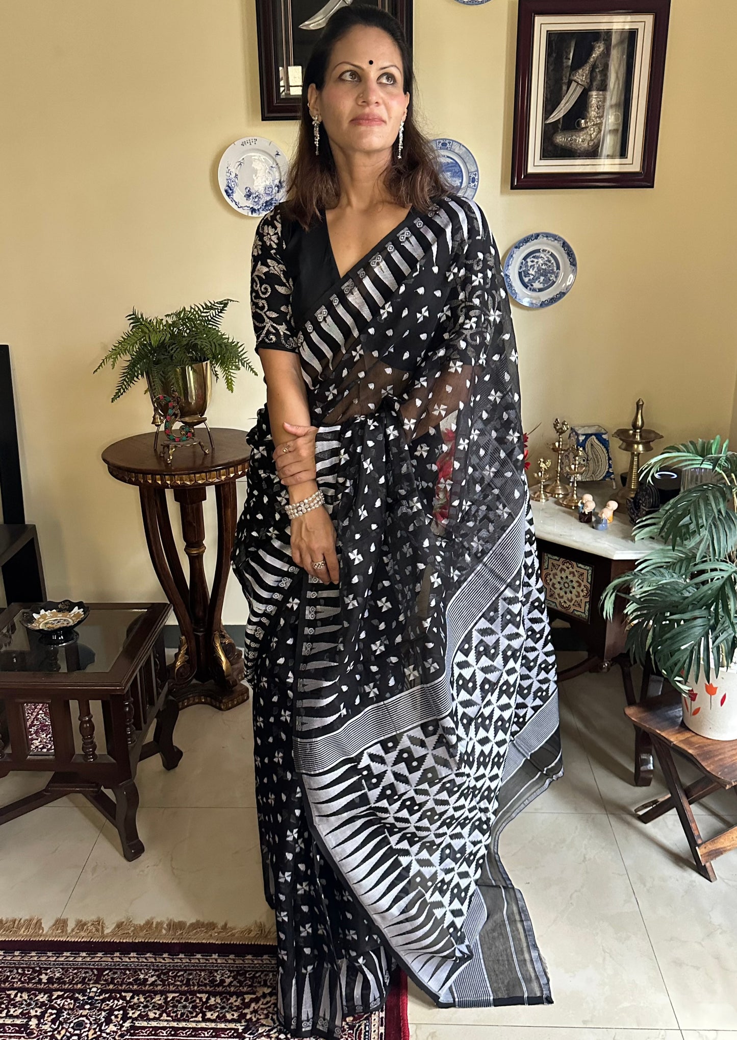 Black Cotton Silk Jamdani Sari - Raahini