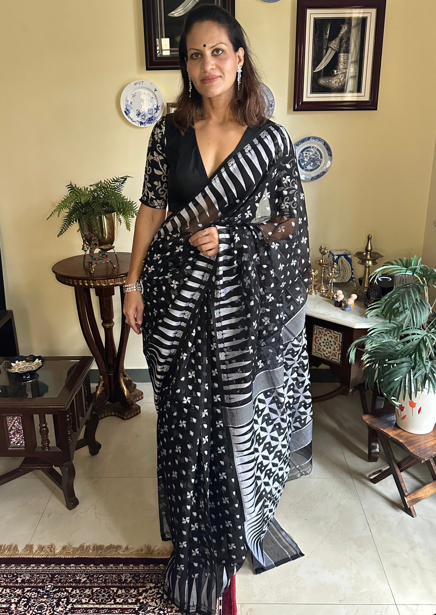 Black Cotton Silk Jamdani Sari - Raahini