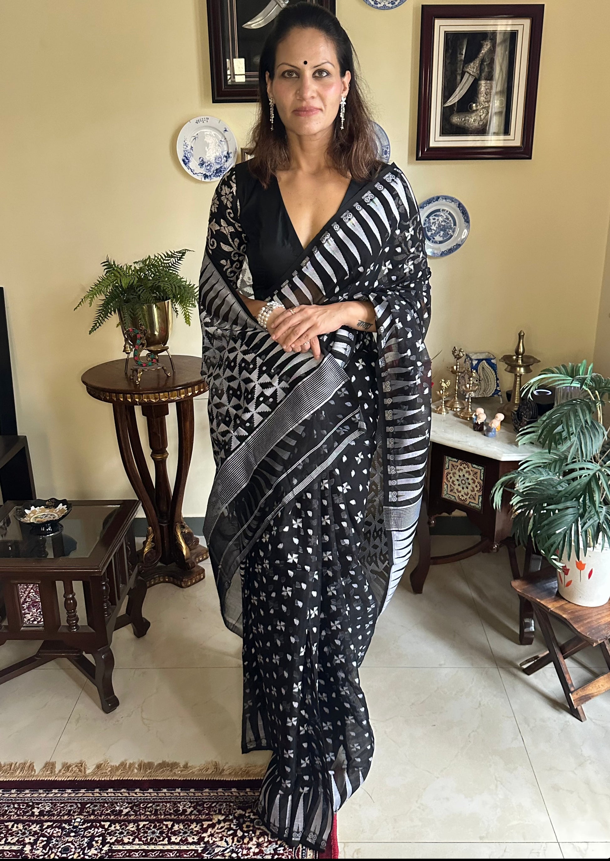 Black Cotton Silk Jamdani Sari - Raahini