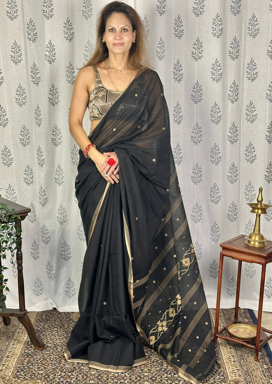 Black Hand Spun Pure Fine Cotton Jamdani Saree with Beige Intricate Needle Work