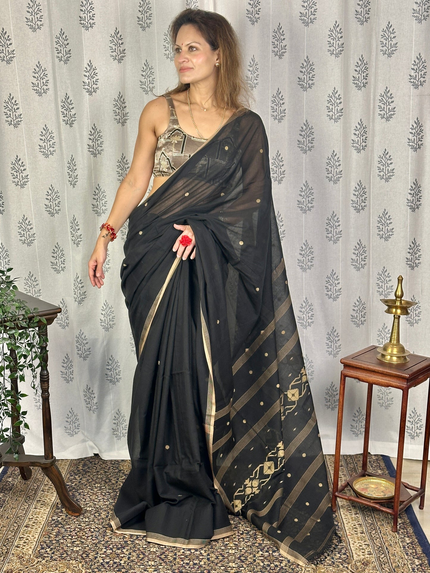 Black Hand Spun Pure Fine Cotton Jamdani Saree with Beige Intricate Needle Work