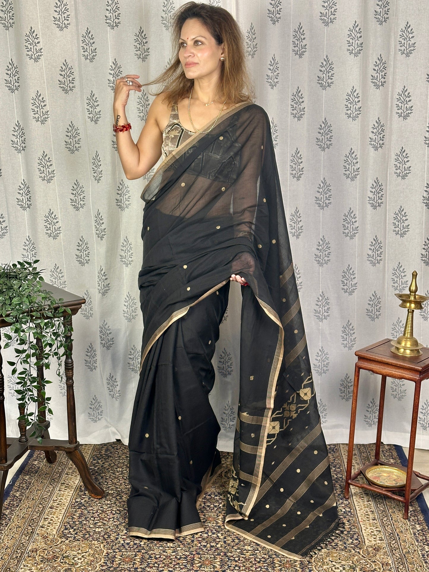 Black Hand Spun Pure Fine Cotton Jamdani Saree with Beige Intricate Needle Work