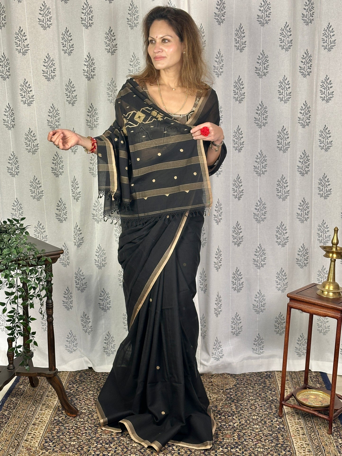 Black Hand Spun Pure Fine Cotton Jamdani Saree with Beige Intricate Needle Work