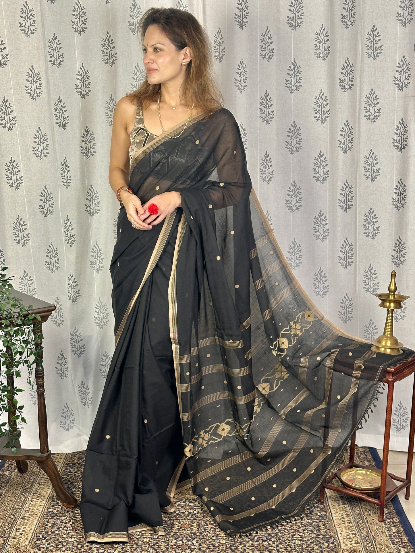 Black Hand Spun Pure Fine Cotton Jamdani Saree with Beige Intricate Needle Work