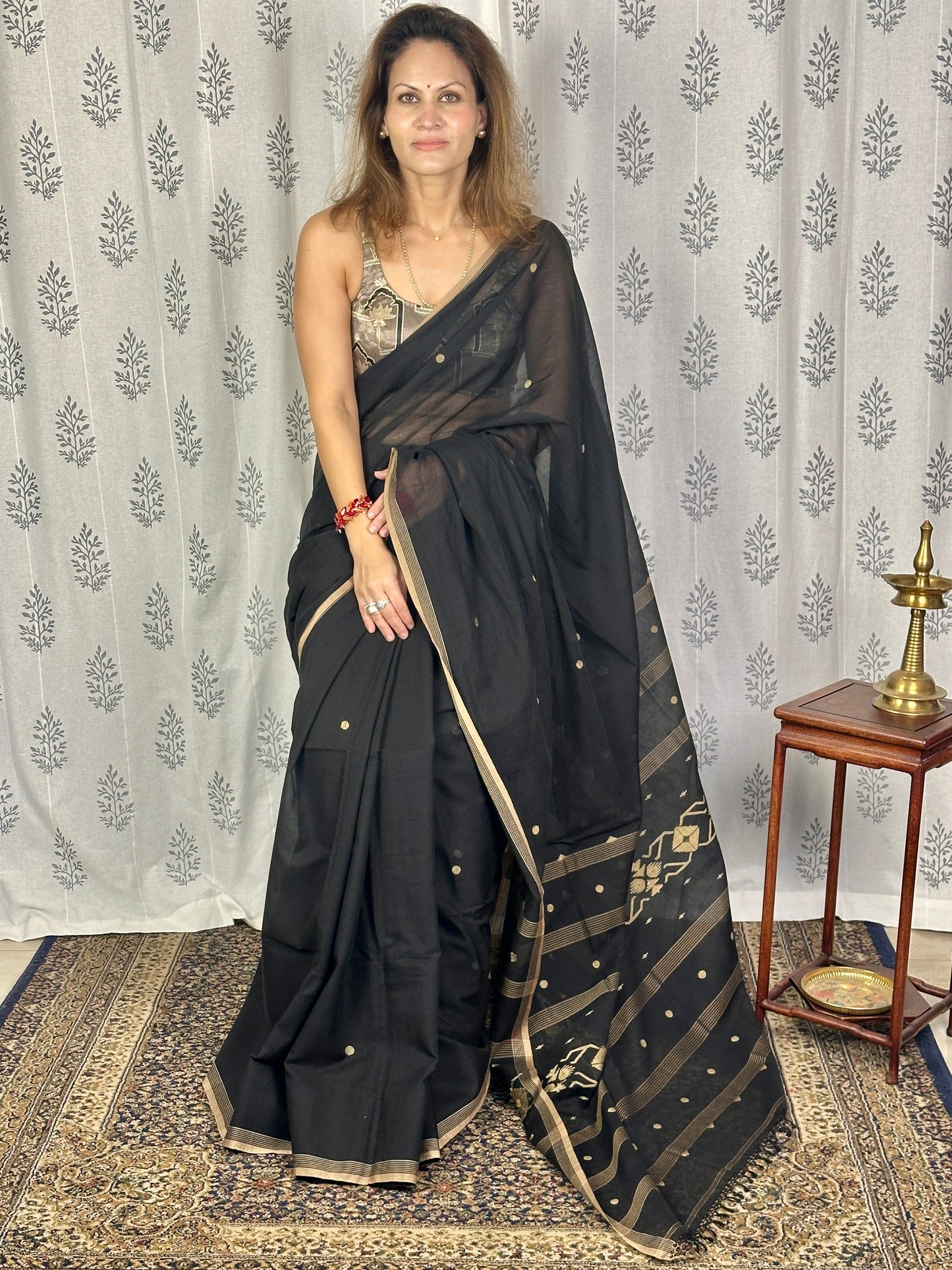 Black Hand Spun Pure Fine Cotton Jamdani Saree with Beige Intricate Needle Work