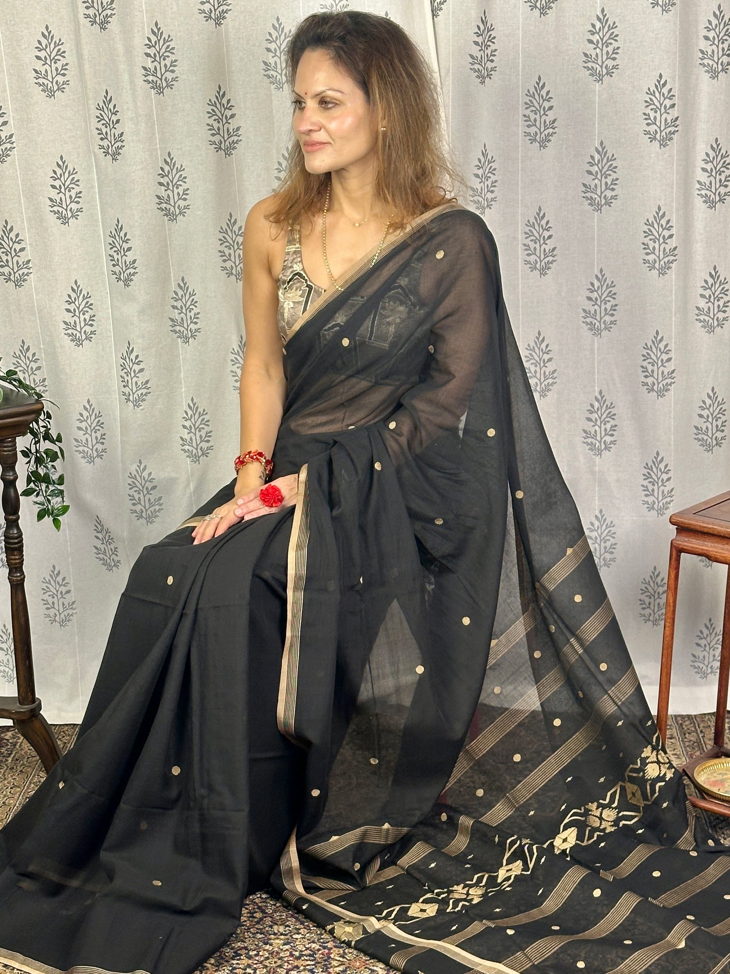 Black Hand Spun Pure Fine Cotton Jamdani Saree with Beige Intricate Needle Work