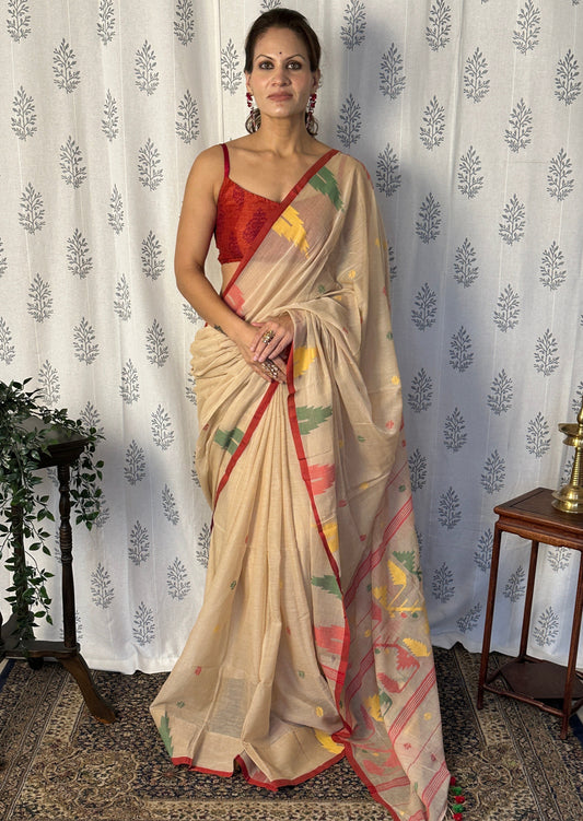 Dark Beige Pure Hand Spun Fine Cotton Jamdani Saree with Intricate Needlework