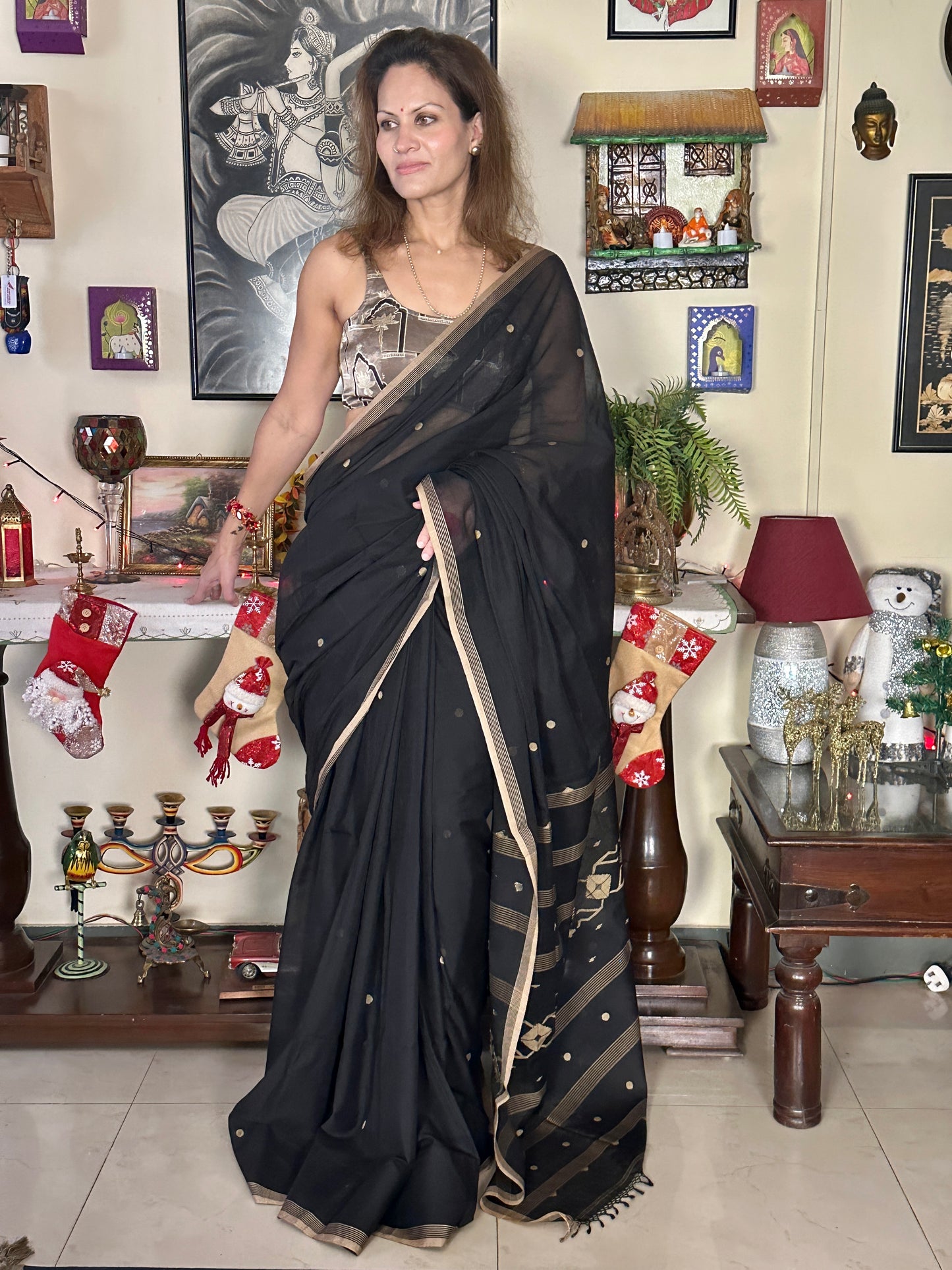 Black Hand Spun Pure Fine Cotton Jamdani Saree with Beige Intricate Needle Work