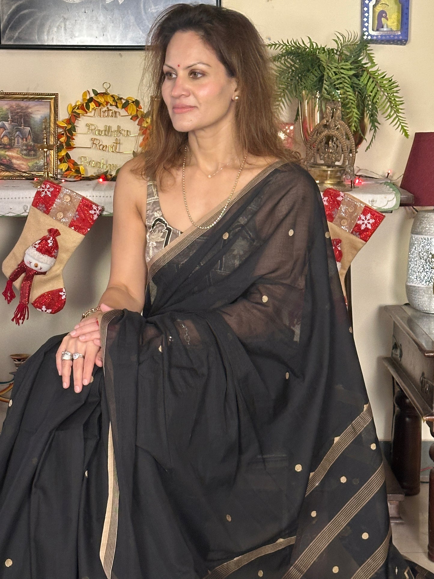 Black Hand Spun Pure Fine Cotton Jamdani Saree with Beige Intricate Needle Work