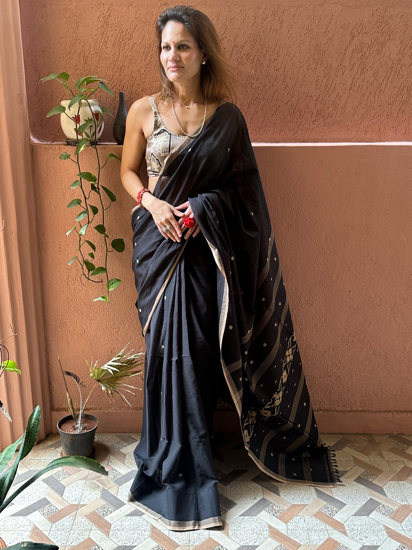 Black Hand Spun Pure Fine Cotton Jamdani Saree with Beige Intricate Needle Work