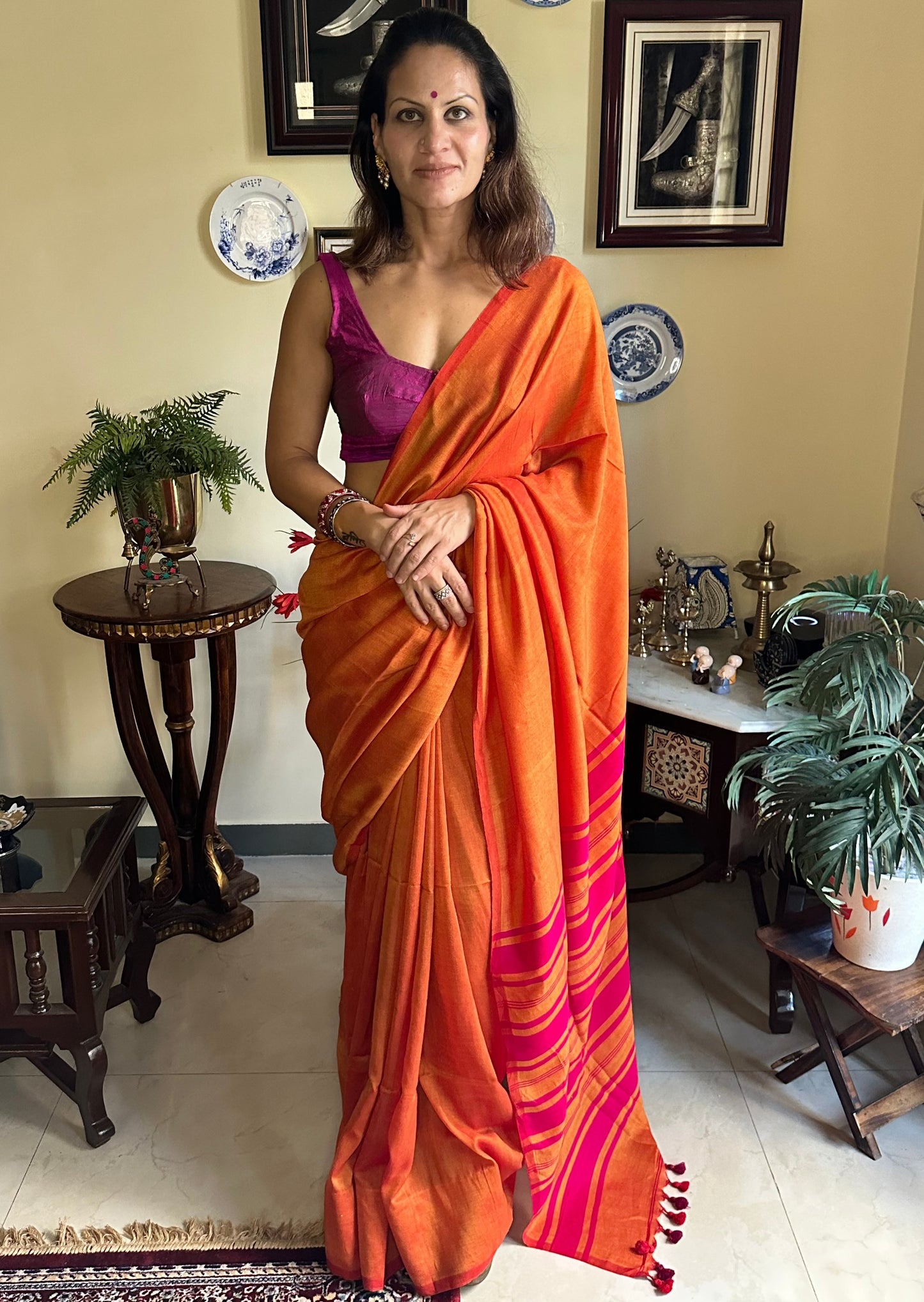 Orange Cotton and Wool Blend Sari - Raahini