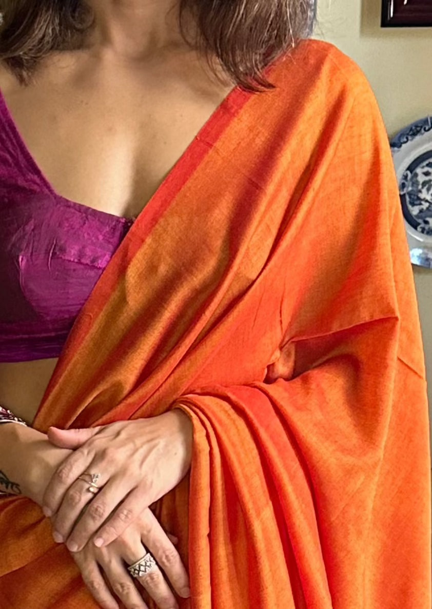 Orange Cotton and Wool Blend Sari - Raahini