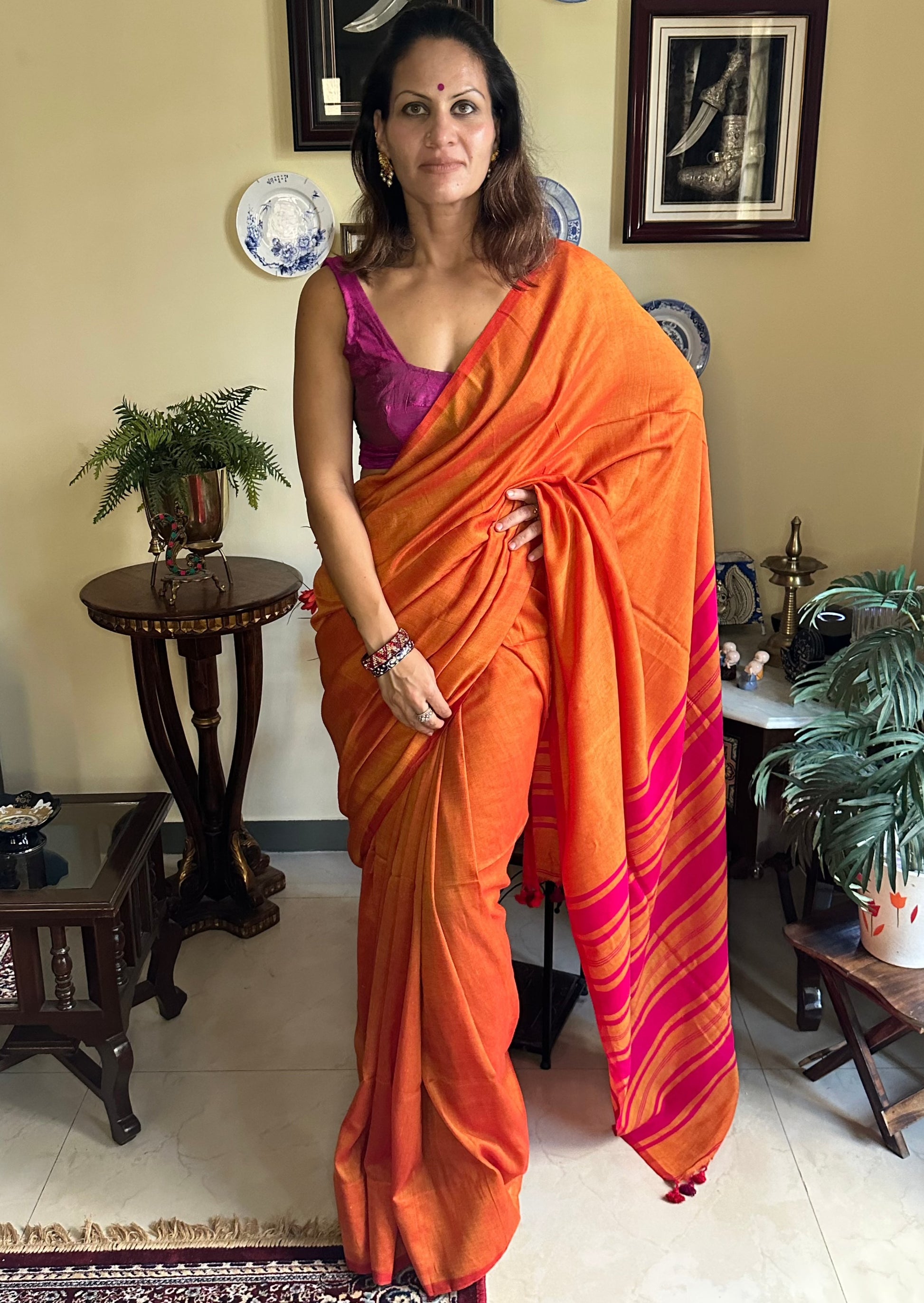 Orange Cotton and Wool Blend Sari - Raahini