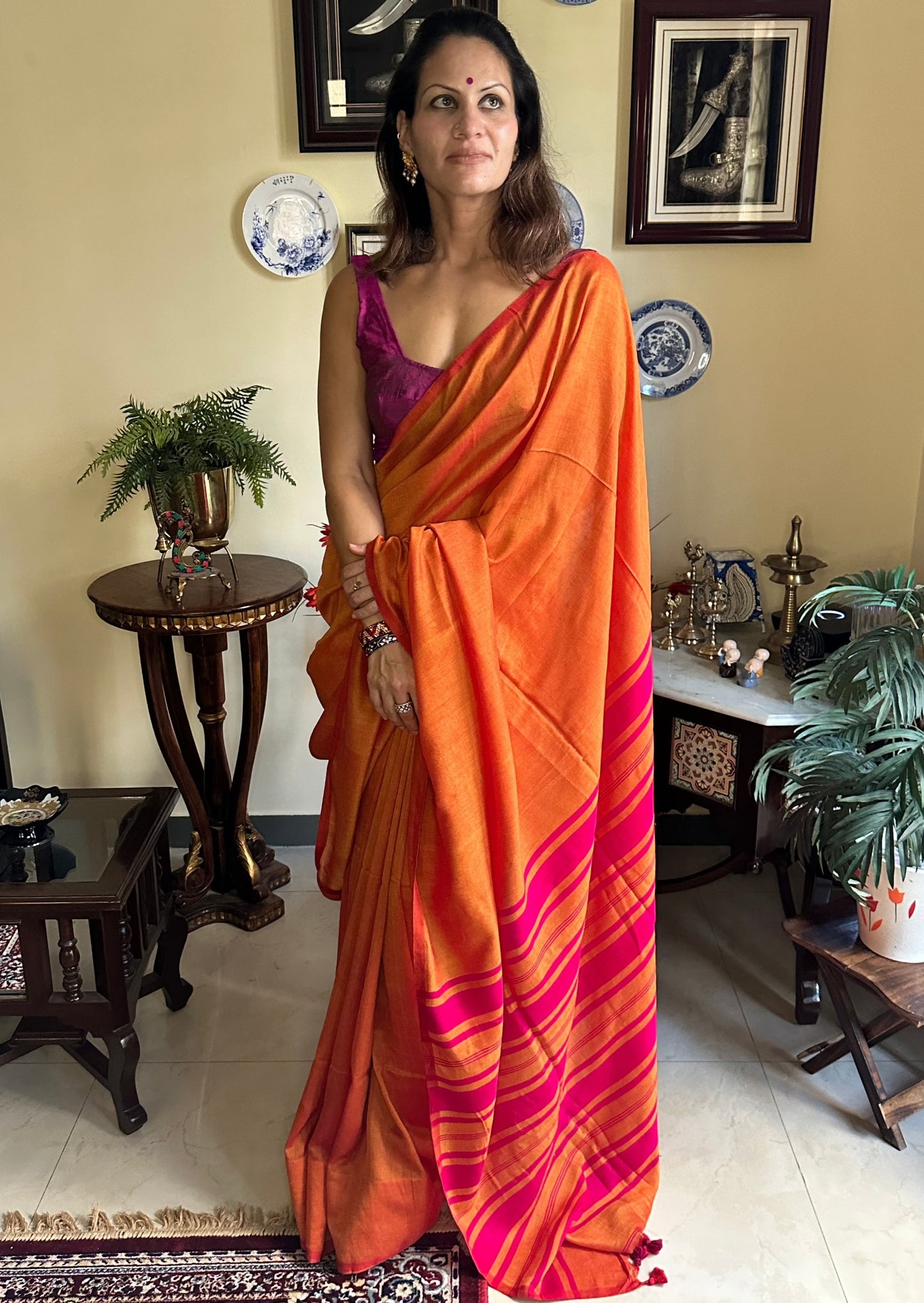 Orange Cotton and Wool Blend Sari - Raahini