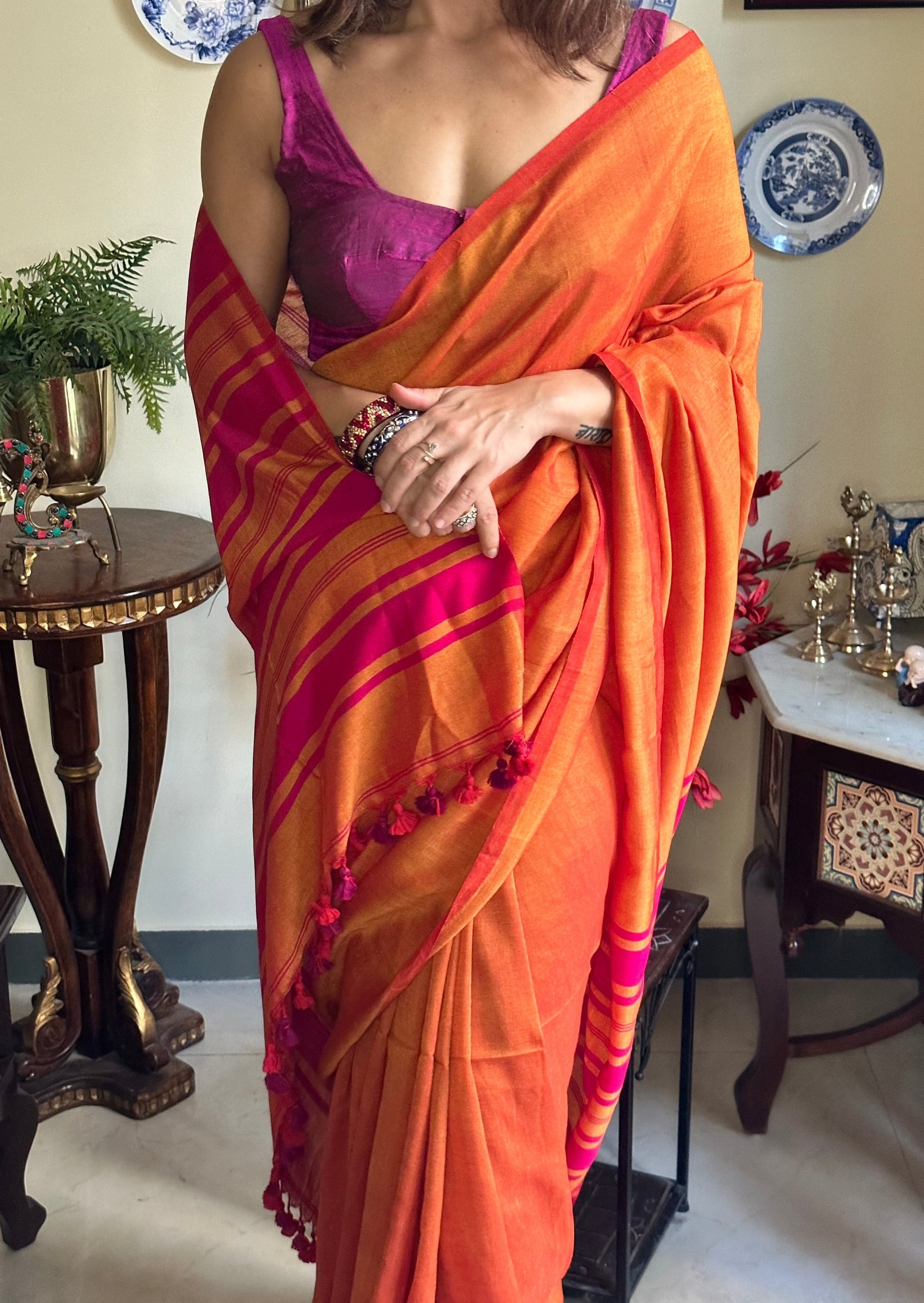 Orange Cotton and Wool Blend Sari - Raahini