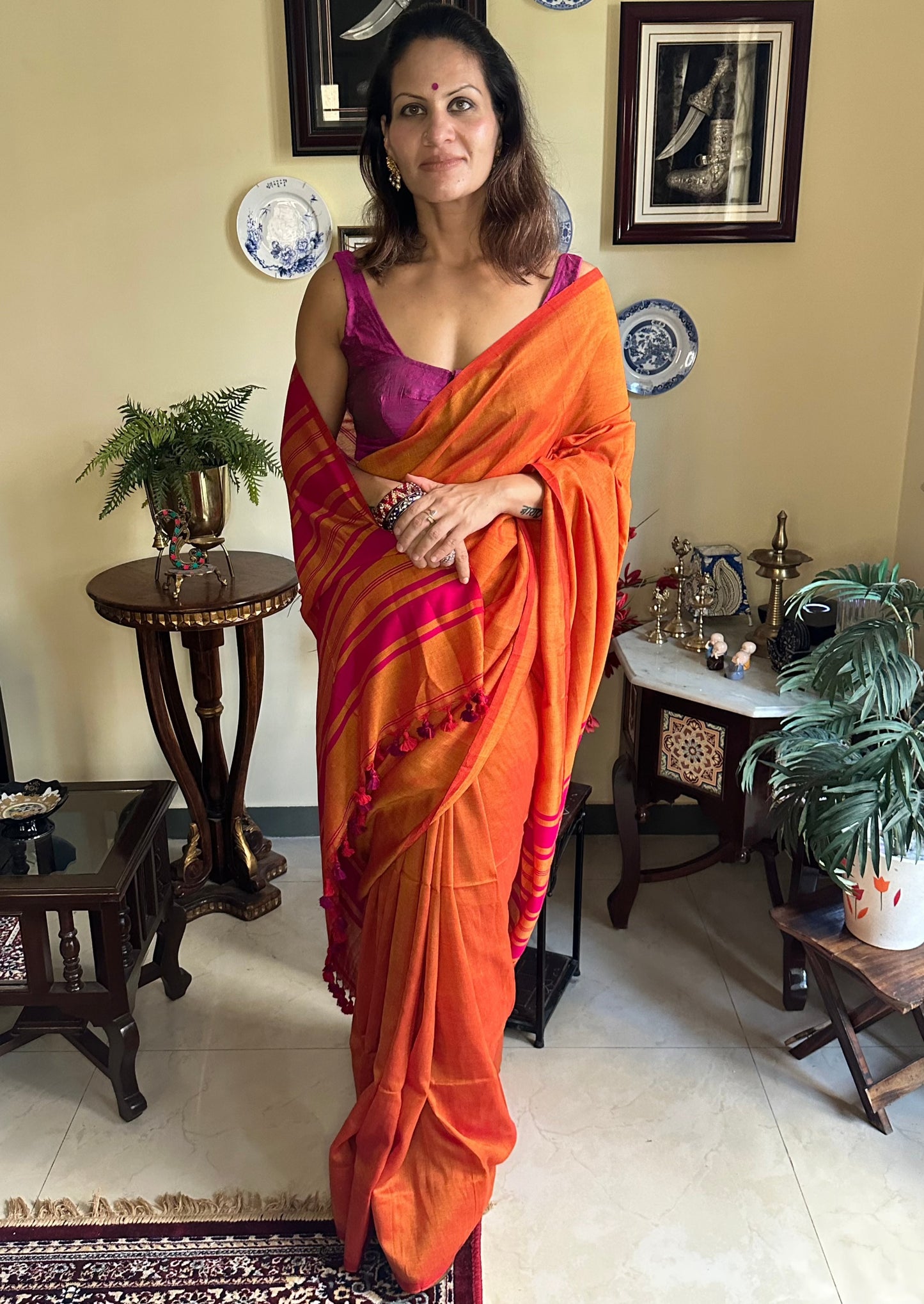 Orange Cotton and Wool Blend Sari - Raahini