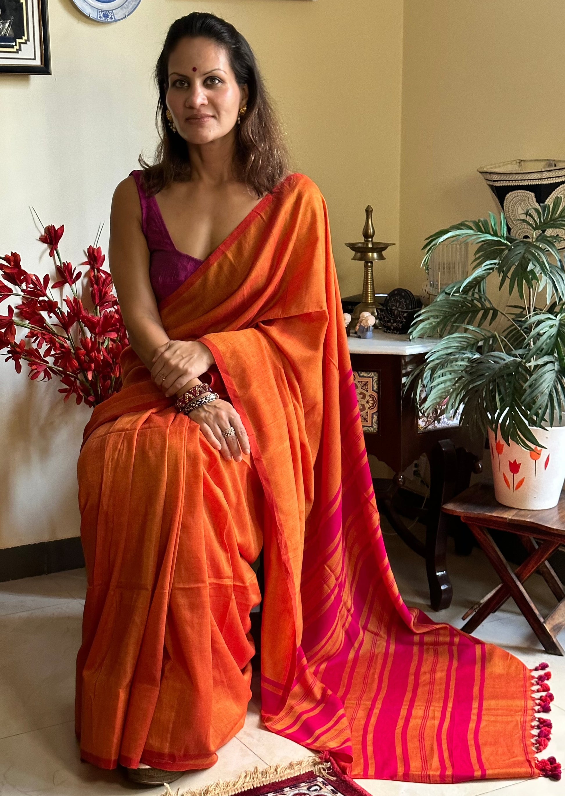 Orange Cotton and Wool Blend Sari - Raahini