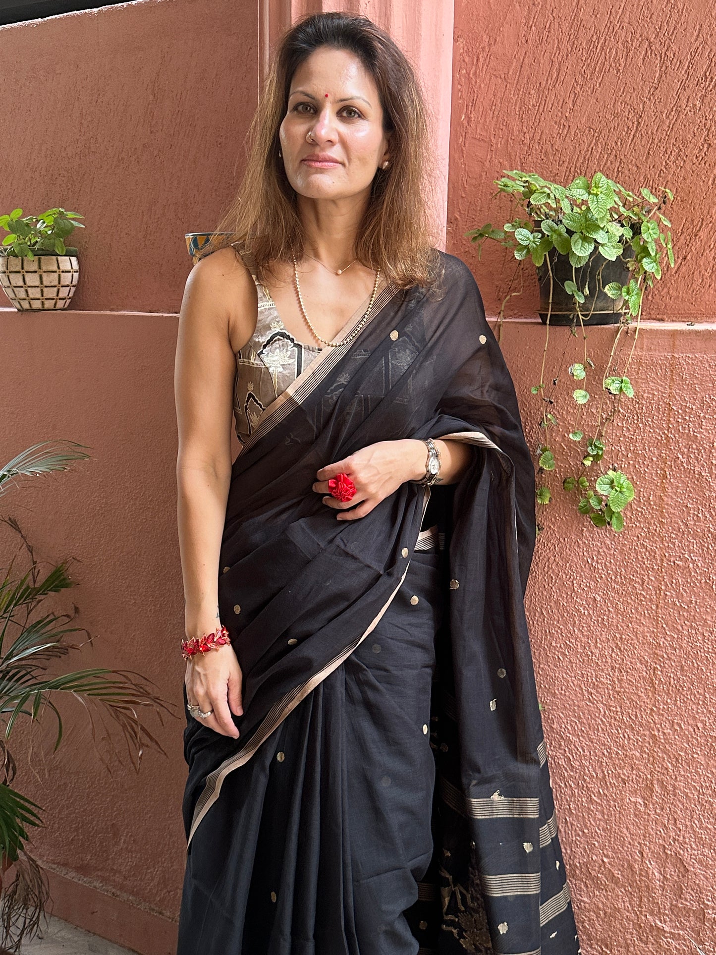 Black Hand Spun Pure Fine Cotton Jamdani Saree with Beige Intricate Needle Work