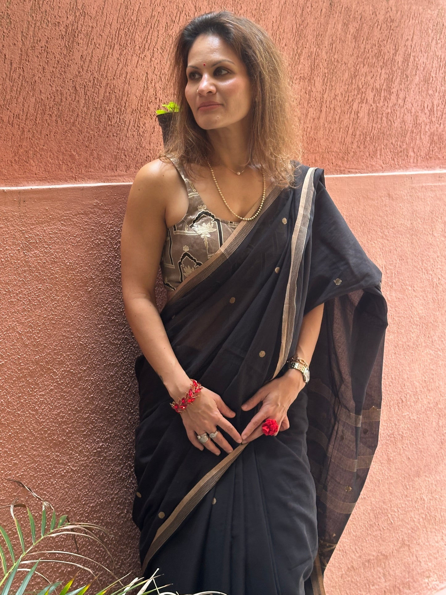 Black Hand Spun Pure Fine Cotton Jamdani Saree with Beige Intricate Needle Work