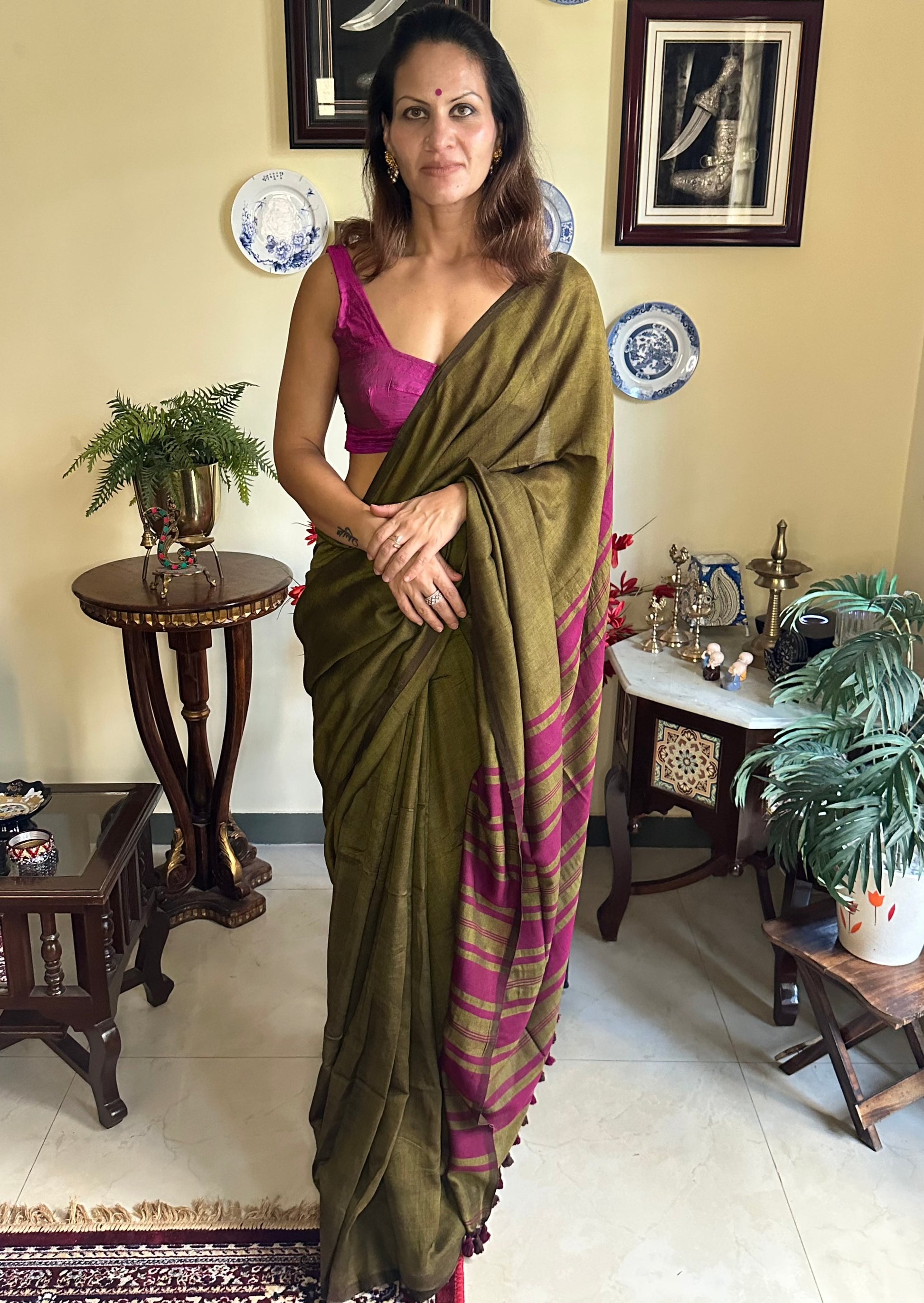 Mehendi Green Cotton and Wool Blend Sari - Raahini