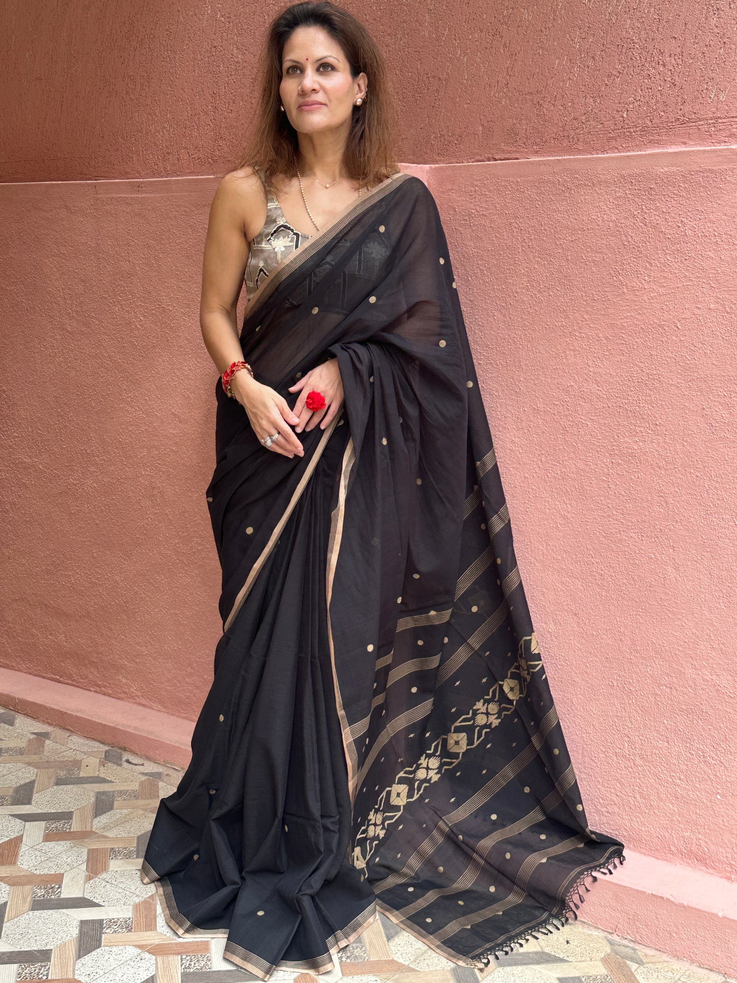 Black Hand Spun Pure Fine Cotton Jamdani Saree with Beige Intricate Needle Work