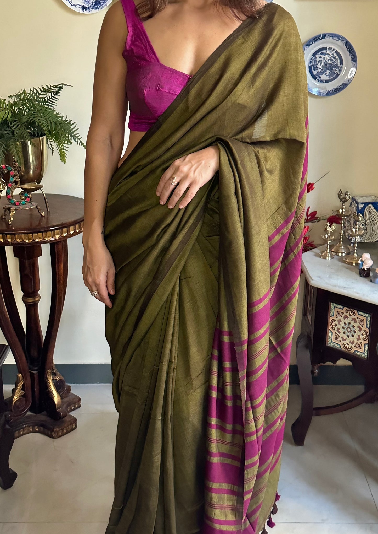 Mehendi Green Cotton and Wool Blend Sari - Raahini