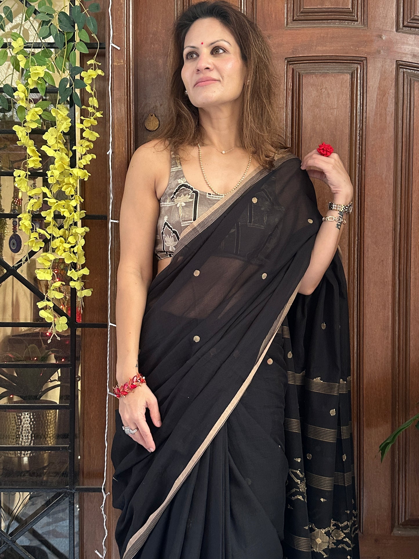 Black Hand Spun Pure Fine Cotton Jamdani Saree with Beige Intricate Needle Work