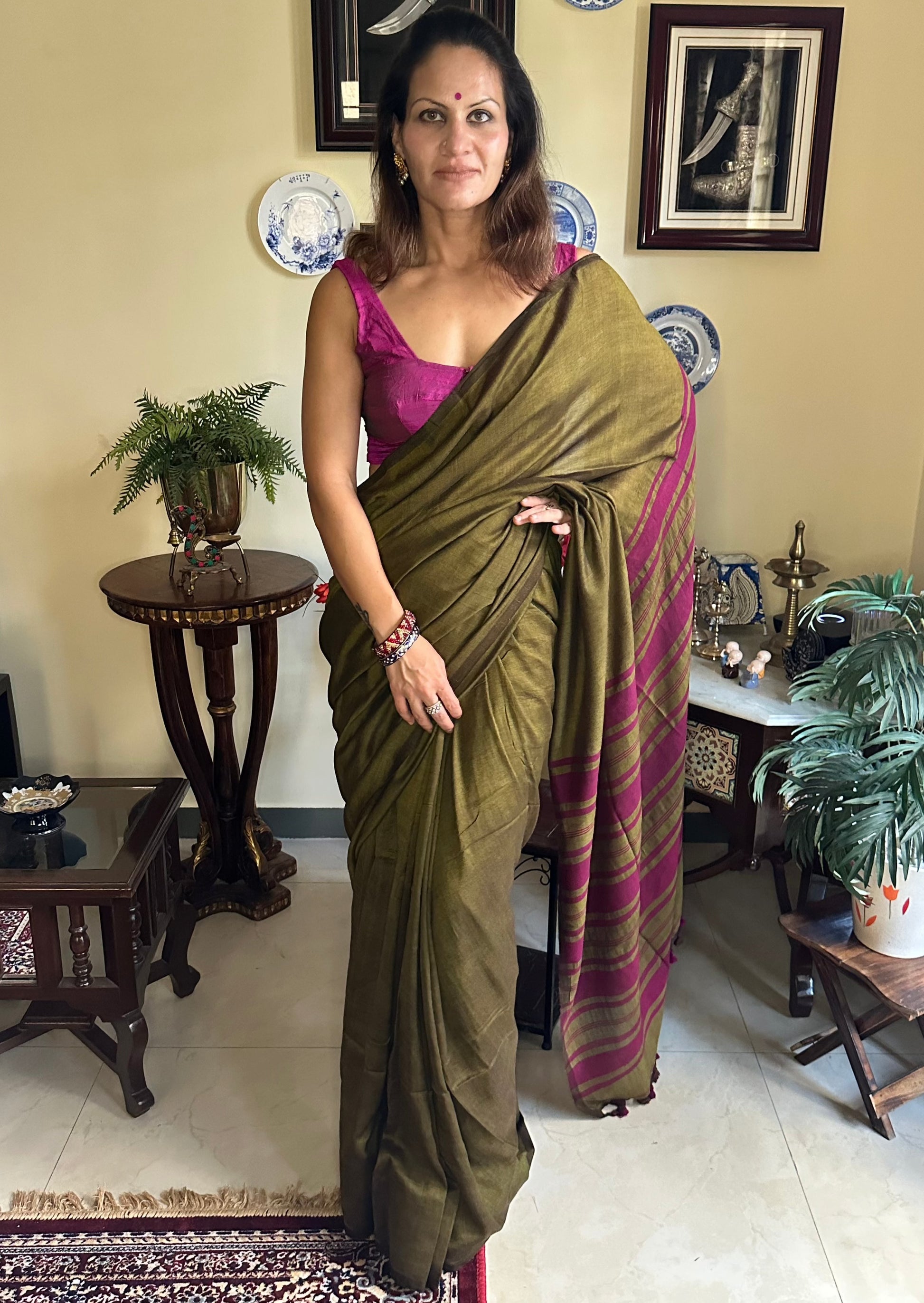 Mehendi Green Cotton and Wool Blend Sari - Raahini