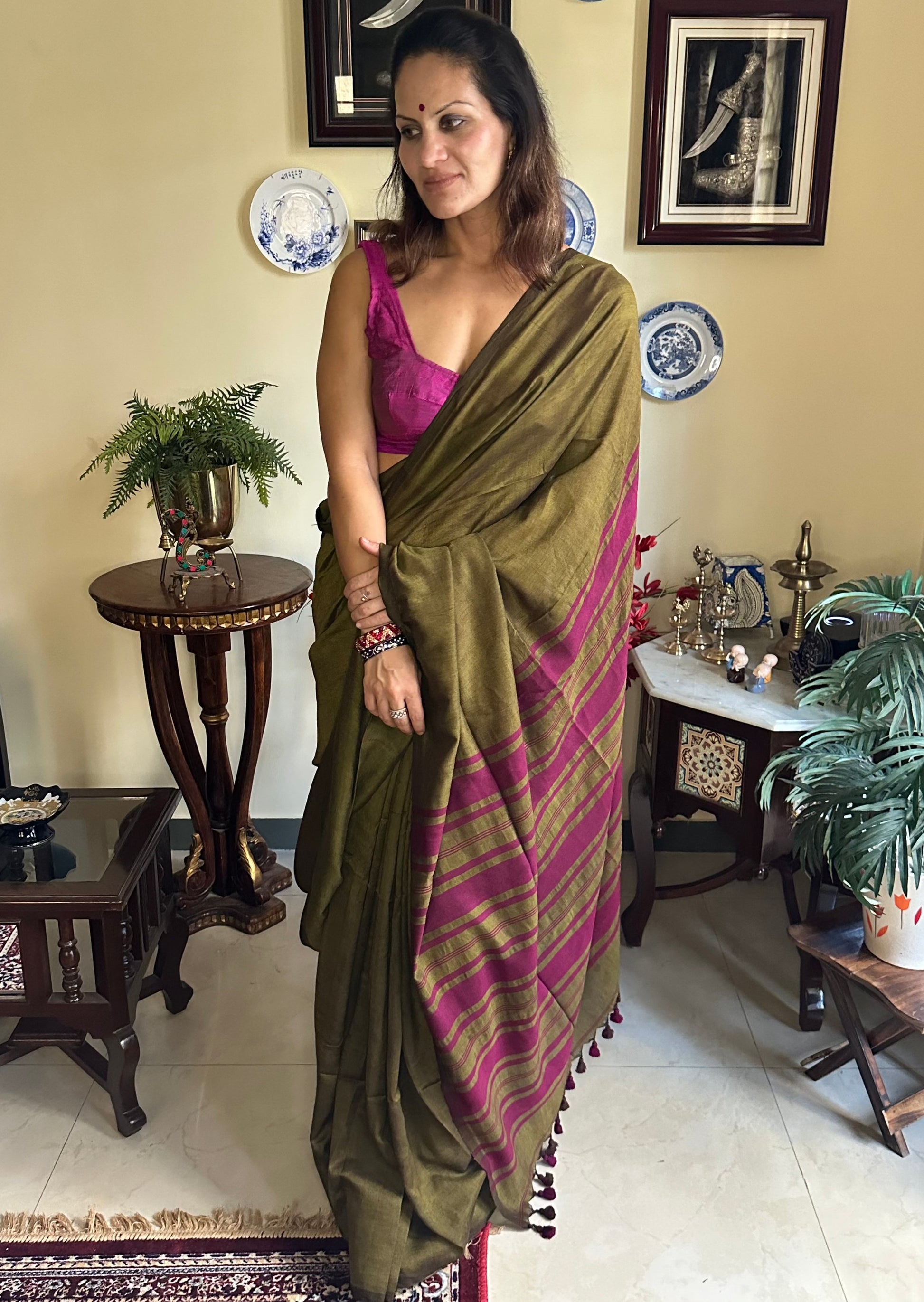 Mehendi Green Cotton and Wool Blend Sari - Raahini