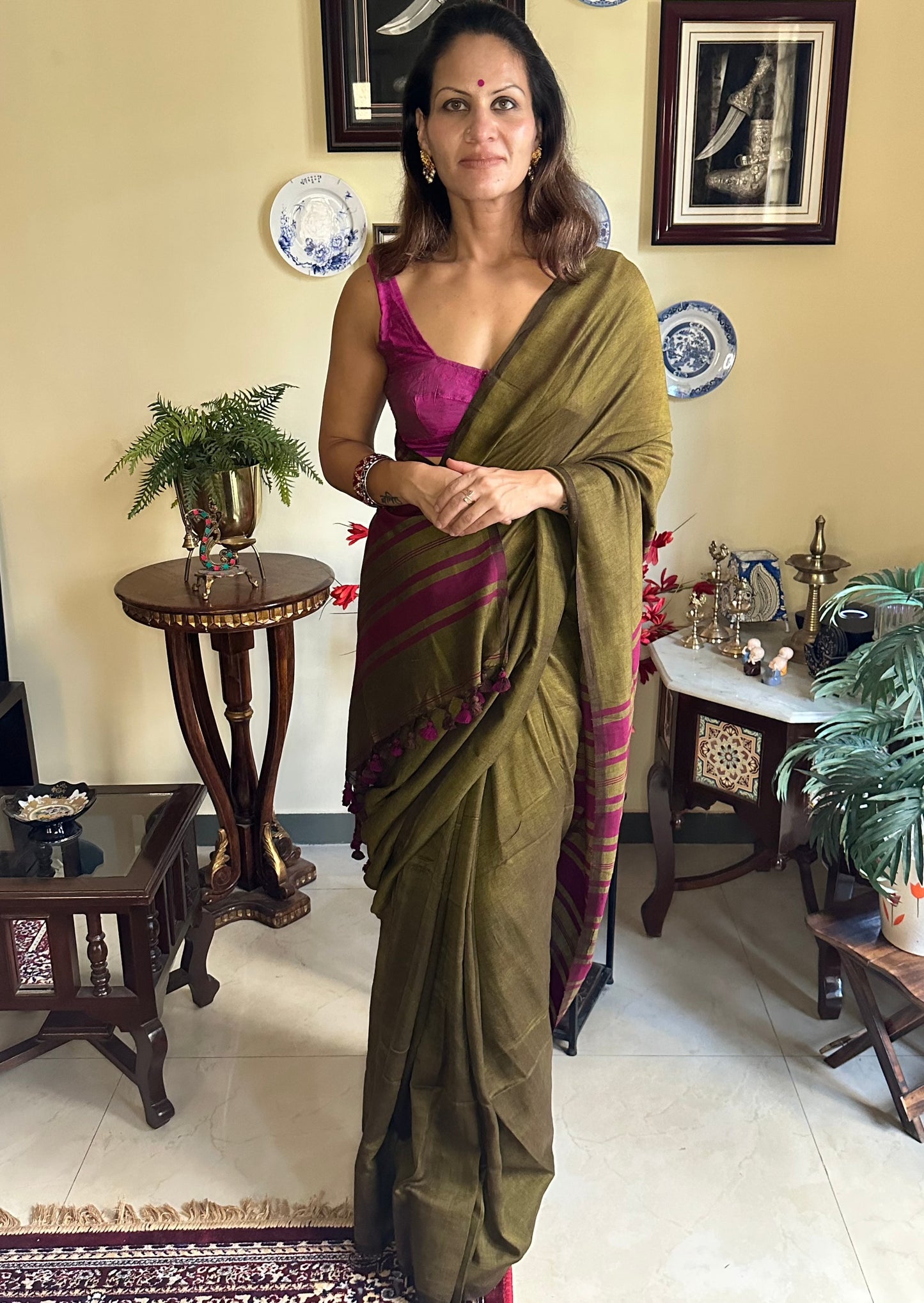 Mehendi Green Cotton and Wool Blend Sari - Raahini