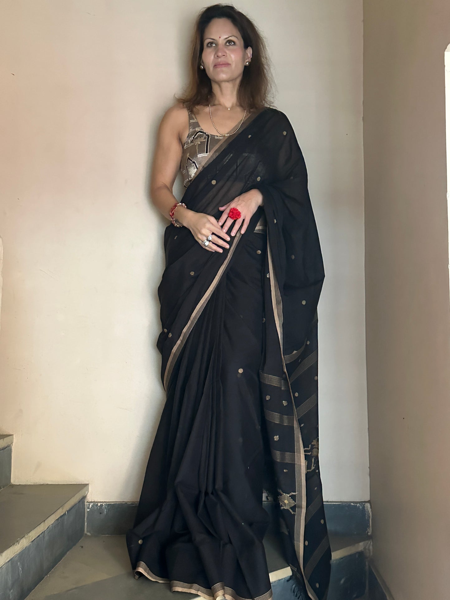 Black Hand Spun Pure Fine Cotton Jamdani Saree with Beige Intricate Needle Work