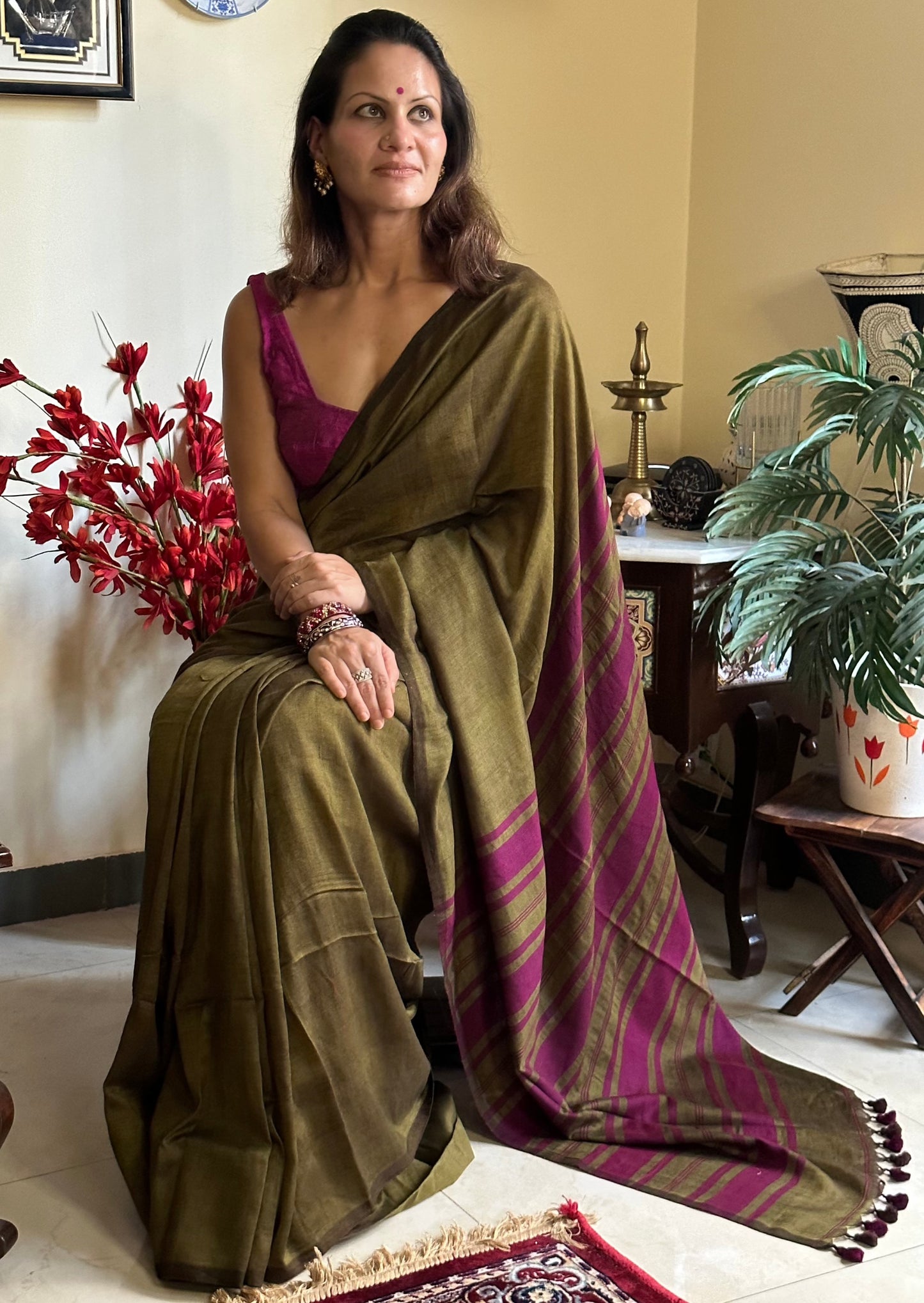 Mehendi Green Cotton and Wool Blend Sari - Raahini