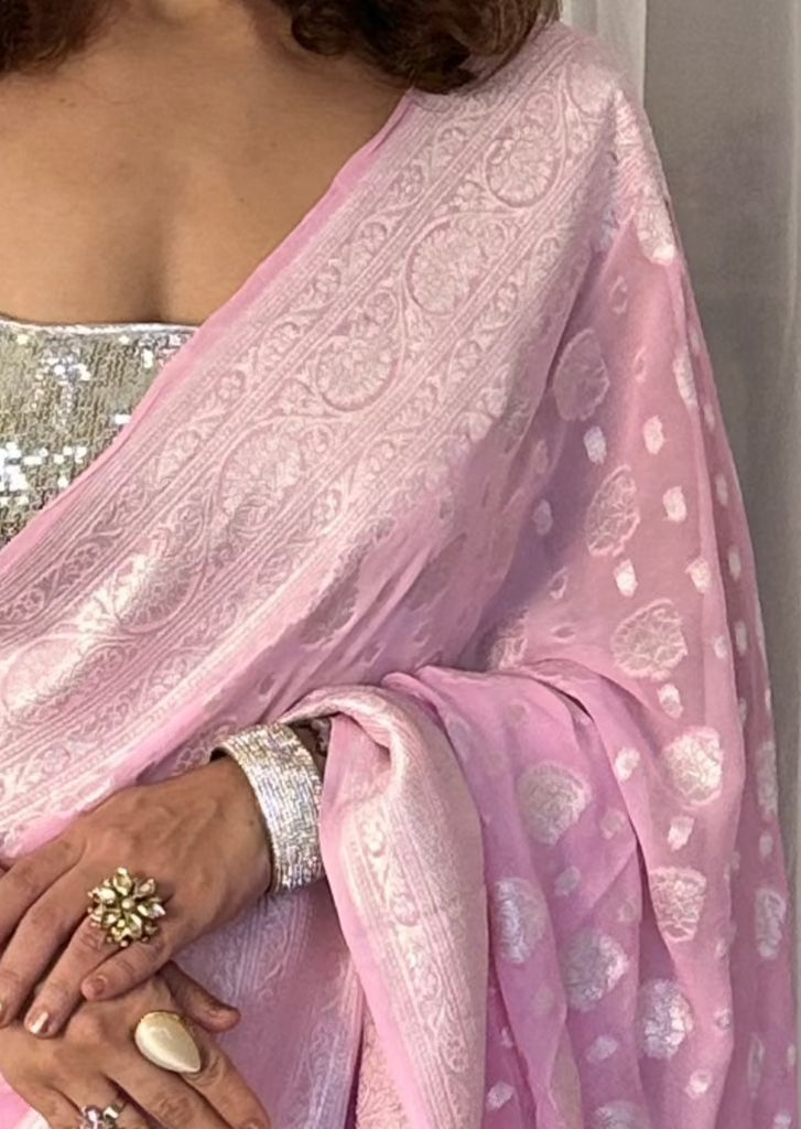 Pink Pure Banarasi Khaddi Georgette Sari with Silver Zari