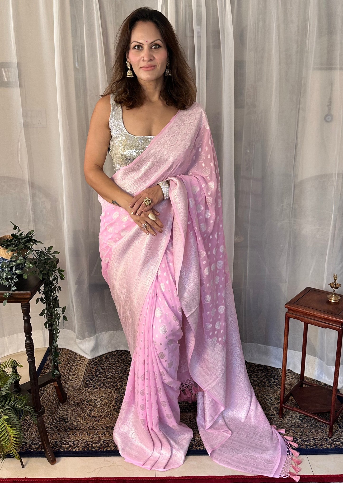 Pink Pure Banarasi Khaddi Georgette Sari with Silver Zari