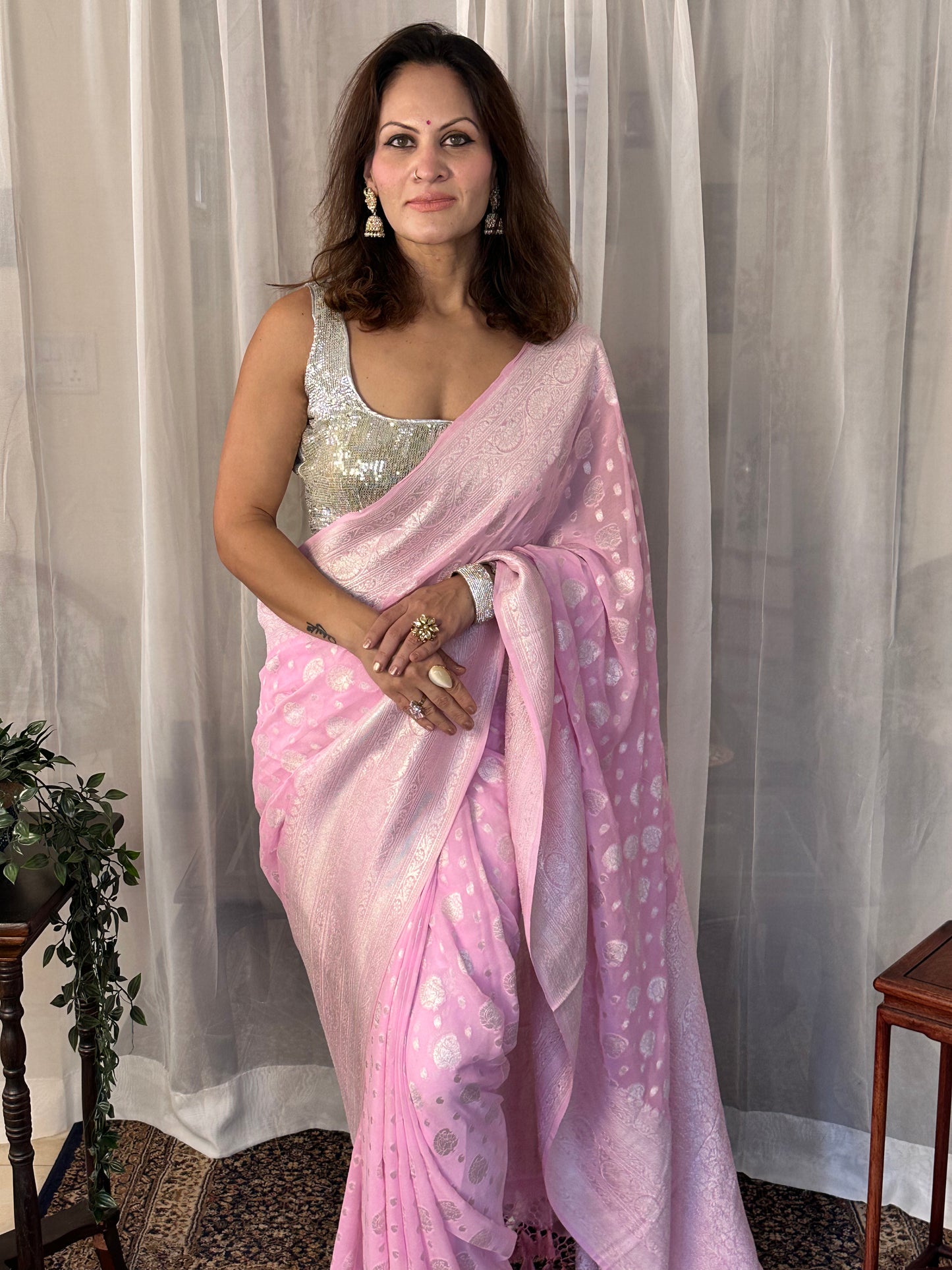 Pink Pure Banarasi Khaddi Georgette Sari with Silver Zari