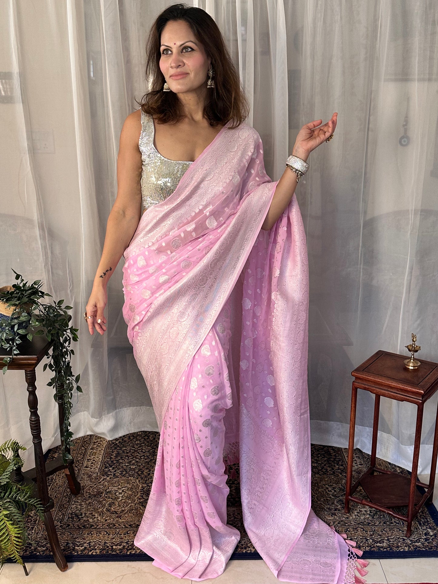 Pink Pure Banarasi Khaddi Georgette Sari with Silver Zari