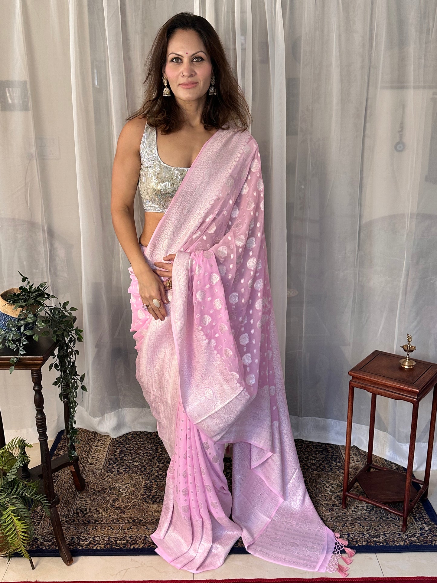 Pink Pure Banarasi Khaddi Georgette Sari with Silver Zari